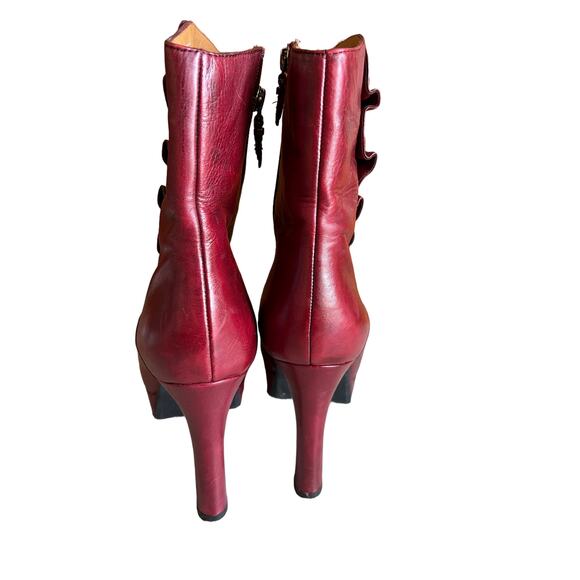Earthies Steampunk Ruffled Leather Ferarra Platform Boots Deep Red Wine 9 - Picture 8 of 10